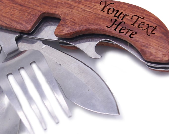 Custom Backpacking Utensils, Personalized Camping Utensils, Monogrammed Travel Utensils with Knife, Fork, Spoon and Can Openr