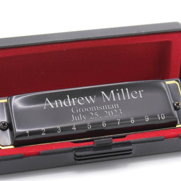 Personalized Black Harmonica - Groomsmen Gift - Best Man - Fathers Day - Ringbearer Gift - Engraved - Customized - Monogrammed for Free