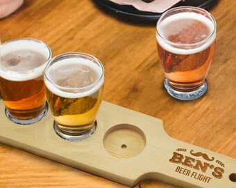 Personalized Beer Flight Set, Beer Paddle and 4 Beer Tasting Glasses, Craft Beer Sampler, Beer Flight Board Set Paddle Holder