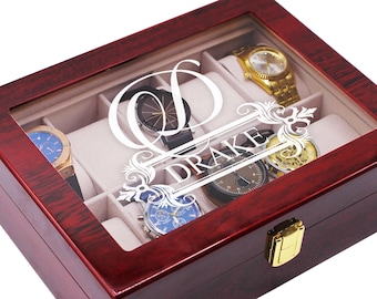 Caja de reloj personalizada de 6 ranuras, vitrina de reloj de 10 ranuras, caja de reloj de madera grabada personalizada para hombres, tapa de vidrio de caja de reloj con monograma