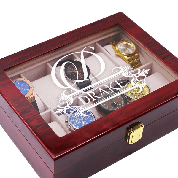 Personalized 6 Slot Watch Box, 10 Slot Watch Display Case, Custom Engraved Wood Watch Box for Men, Monogrammed Watch Box Glass Lid