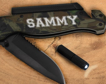 Engraved Pocket Knife, Tactical Knife, Rescue Knife with Flashlight and Flint, Groomsman Knife, Custom Pocket Knife, Personalized Knife