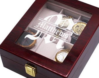 Personalized Wood Watch Box, Custom Wooden Watch Display Stand, Engraved Watch Box with Glass Lid, Customized Watch Display Case