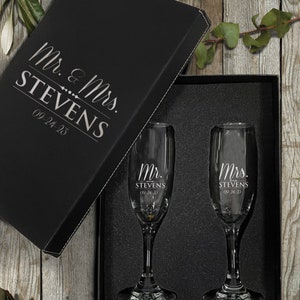 Mr and Mrs Personalized Champagne Flutes, Wedding Toasting Glasses, His Her Engraved Wine Glasses, Mr and Mrs Couples Glasses, Set of 2 image 1