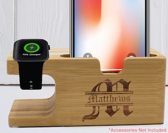 Personalized Docking Station, Watch and Phone Charging Station, Engraved Docking Station, Wooden Phone Stand Organizer, Phone Docking Stand