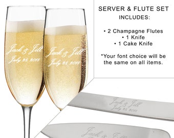 Toasting Flutes and Cake Server Sets, Personalized Wedding Flute and Cake Serving Set, Custom Engraved Flute and Cake Set