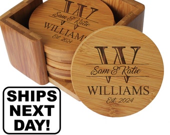 Housewarming Gift, Engraved Coasters, Personalized Wedding Coasters, Coaster Set of 6, Wedding Gifts for Couple, Bamboo Drink Coasters