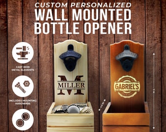 Personalized Wall Mount Bottle Opener with Catcher, Custom Wall Mount Beer Opener, Groomsmen Wall Bottle Opener, Beer Gifts for Men