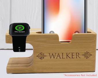 Docking Station Personalized,  Wooden Docking Station, Phone Dock Stand, Phone and Watch Charging Stand, Custom Dock Stand, Office Gift