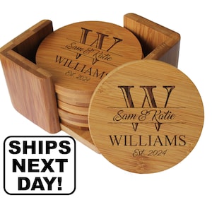 Coasters with Holder, Custom Coasters Set with Holder, Custom Coasters Wedding Gift, Personalized Coasters with Holder, Bamboo Wood Coasters