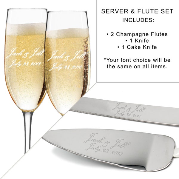 Toasting Flutes and Cake Server Sets, Personalized Wedding Flute and Cake Serving Set, Custom Engraved Flute and Cake Set