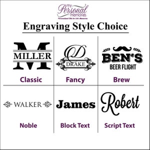 May include: Image showcasing engraving style choices for personalized gifts. Options include "Classic," "Fancy," "Brew," "Noble," "Block Text," and "Script Text." Each style features a sample name or phrase in a black font.