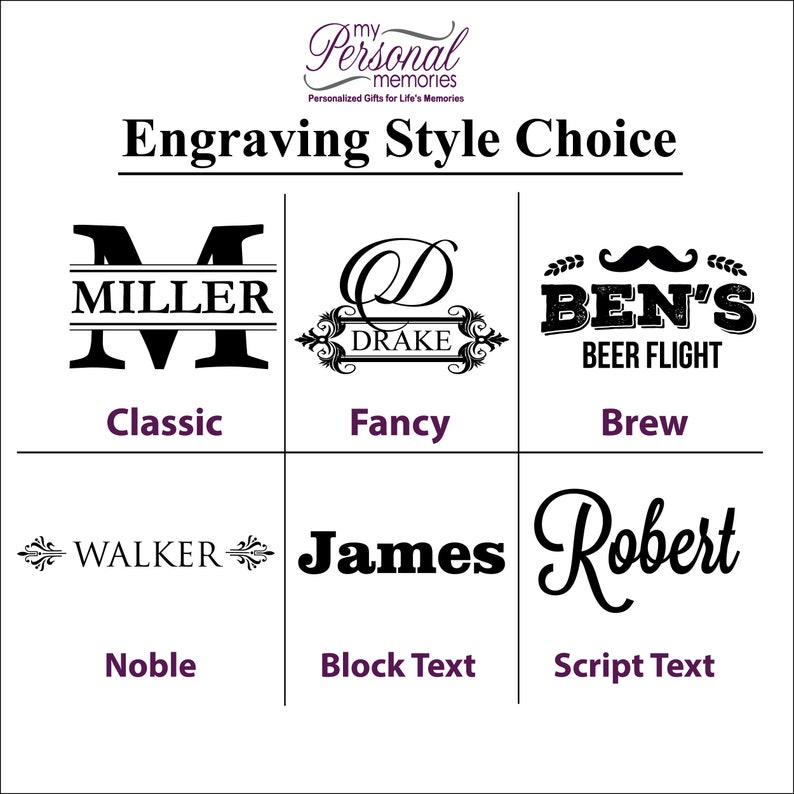 May include: Image showcasing engraving style choices for personalized gifts. Options include "Classic," "Fancy," "Brew," "Noble," "Block Text," and "Script Text." Each style features a sample name or phrase in a black font.