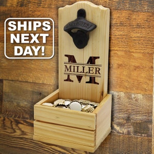 Engraved Wall Mounted Bottle Opener and Cap Catcher, Personalized Bottle Opener Wall Mount with Cap Catcher, Groomsmen Beer Gift