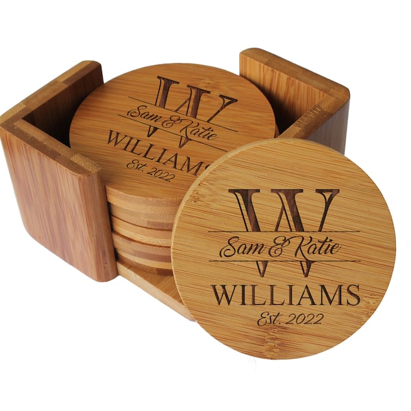 Housewarming Gift, Engraved Coasters, Personalized Wedding Coasters, Coaster Set of 6, Wedding Gifts for Couple, Bamboo Drink Coasters
