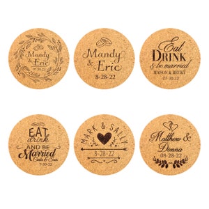 May include: Six round cork coasters with engraved wedding designs. The coasters feature various wedding themes, including rings, hearts, arrows, and the text "Eat Drink & be married".