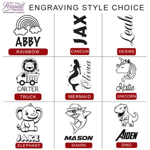 May include: A chart displaying nine distinct engraving styles for personalised gifts. The styles include a rainbow, a truck, an elephant, a mermaid, a unicorn, a shark, a dinosaur, a Cancun style, and a desire style.