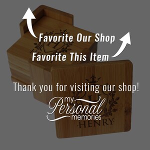 May include: A set of square bamboo coasters in a matching holder, featuring a laser-engraved crest with the name HENRY. Text overlays include Favorite Our Shop, Favorite This Item, Thank you for visiting our shop, and my Personal memories.