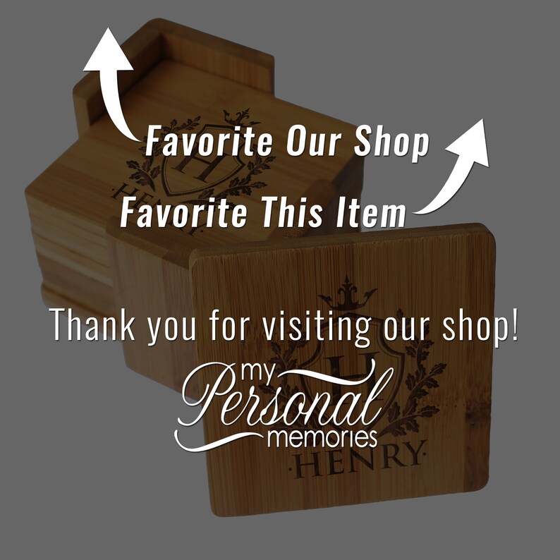 May include: A set of square bamboo coasters in a matching holder, featuring a laser-engraved crest with the name HENRY. Text overlays include Favorite Our Shop, Favorite This Item, Thank you for visiting our shop, and my Personal memories.