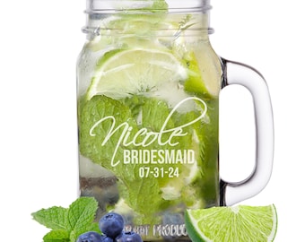 Mason Jar Bridesmaid Glass, Mason Jar for Bridal Party, Engraved Mason Jar for Weddings, Bridesmaid Mason Jar with Handle