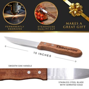 May include: Personalized steak knife with a 10-inch stainless steel blade and a serrated edge. The knife has a smooth oak handle with the name "Thompson" engraved on it.