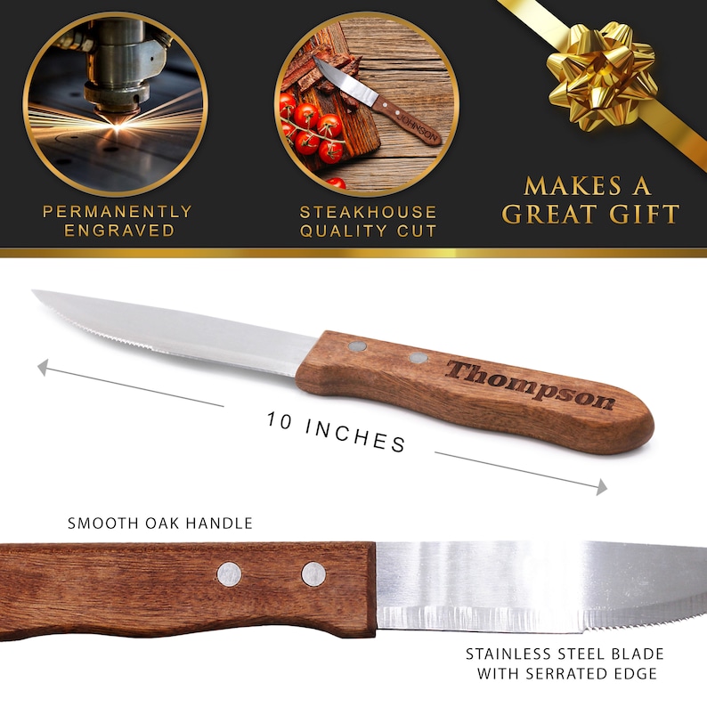 May include: Personalized steak knife with a 10-inch stainless steel blade and a serrated edge. The knife has a smooth oak handle with the name "Thompson" engraved on it.