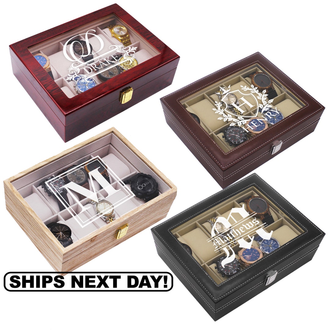  Customized Watch Storage Box - Groomsmen Wedding Father's Day -  Personalized Engraved Monogram (Black) : Clothing, Shoes & Jewelry