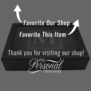 May include: A black rectangular storage box with a glass lid featuring a centered letter M. The text reads Favorite Our Shop, Favorite This Item, Thank you for visiting our shop!, and my Personal memories. Two white arrows point toward the text.