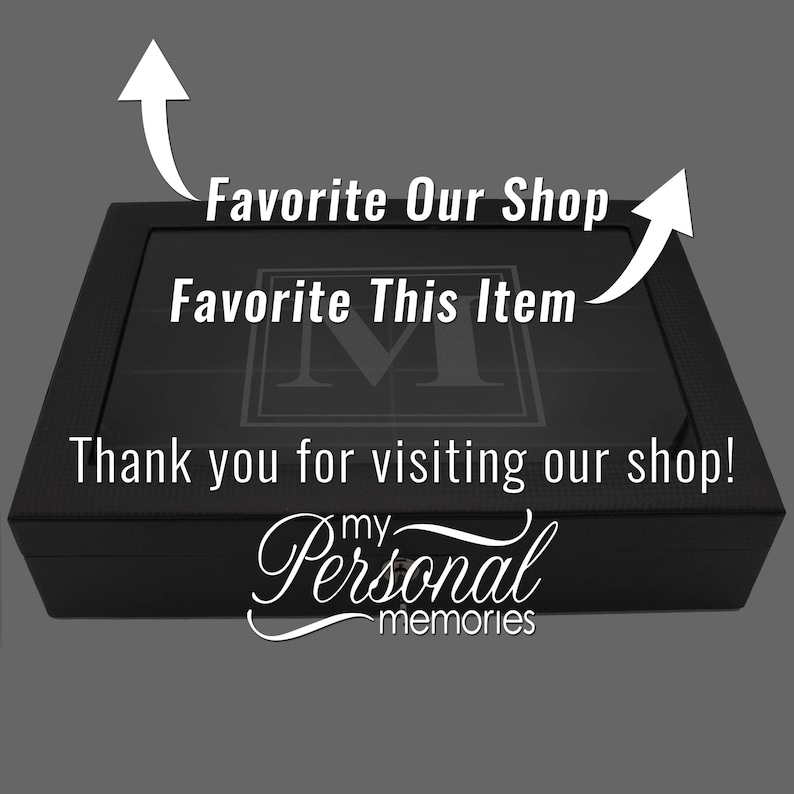May include: A black rectangular storage box with a glass lid featuring a centered letter M. The text reads Favorite Our Shop, Favorite This Item, Thank you for visiting our shop!, and my Personal memories. Two white arrows point toward the text.