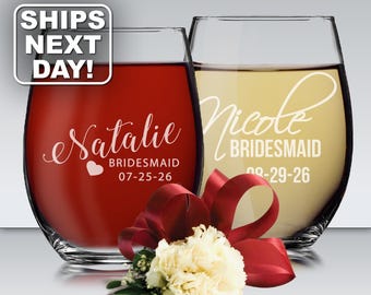 Personalized Stemless Wine Glass, Bridesmaid Gift, Custom Stemless Wine Glasses, Bridesmaid Wine Glasses, Etched Wine Glasses Stemless Glass