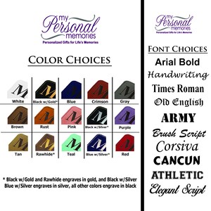 May include: A product customization chart titled My Personal Memories featuring a grid of fifteen leather-like swatches in various colors including white, black, blue, crimson, gray, brown, rust, pink, purple, tan, teal, and red, with font options.