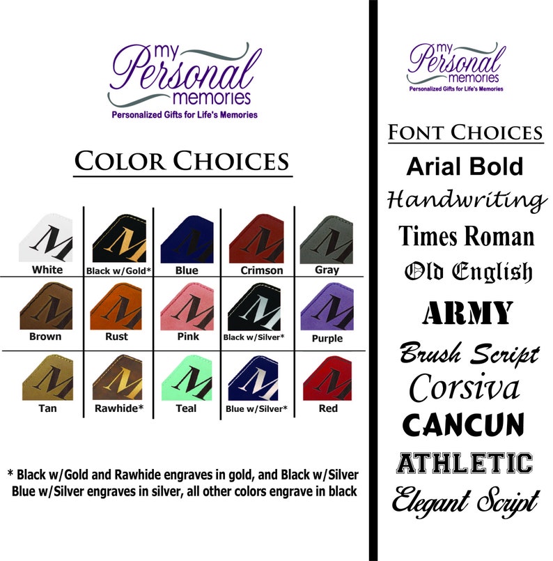 May include: A product customization chart titled My Personal Memories featuring a grid of fifteen leather-like swatches in various colors including white, black, blue, crimson, gray, brown, rust, pink, purple, tan, teal, and red, with font options.