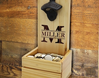 Wall Mounted Beer Opener, Personalized Groomsmen Gift for Beer Lovers, Monogrammed Wall Mount Bottle Opener with Cap Catcher, Beer Gift
