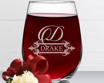 Custom Engraved Stemless Wine Glasses, Etched and Personalized Wine Lover Gift