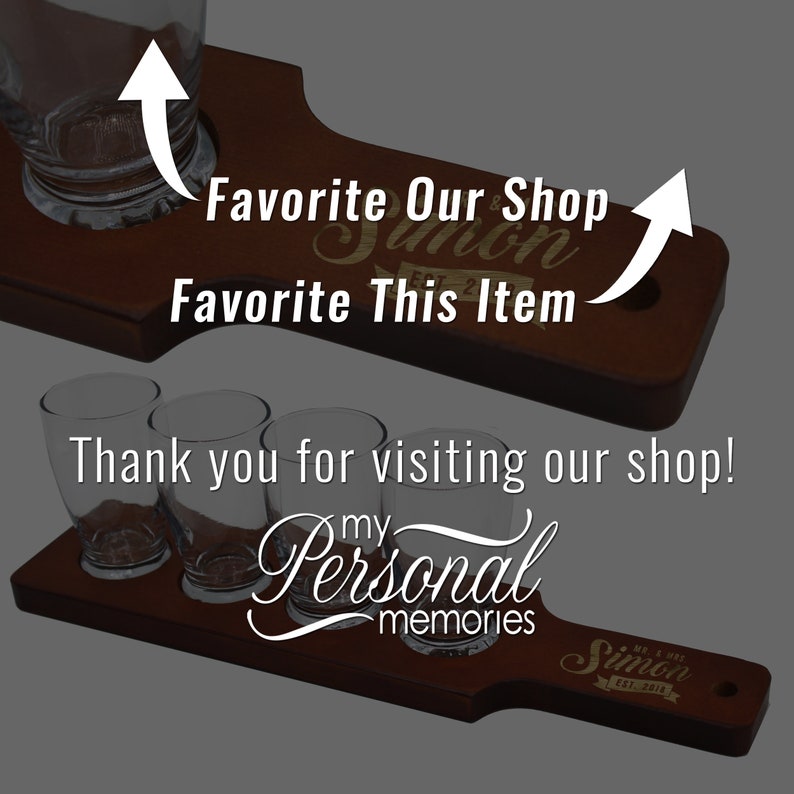 May include: Wooden shot glass flight with four clear glasses. The wooden paddle is engraved with the text "Mr. & Mrs. Simon EST. 2018" and "my Personal memories". The image also includes the text "Favorite Our Shop" and "Favorite This Item".