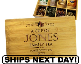 Engraved Tea Chest, Tea Caddy, Personalized Tea Storage Box, Tea Bag Organizer, Wooden Tea Box, Gifts For Her Gifts For Family Gifts For Mom