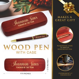 May include: A personalized rosewood pen and case set with gold lettering. The pen and case are engraved with the name "Shannon Sims" and the title "Teacher of the Year". The case is 6 1/2 inches long and 2 1/4 inches wide.