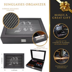 May include: A black carbon-fiber textured leather sunglasses organizer box with a glass lid featuring the engraved name Matthews and a large letter M. The rectangular case measures 15 inches by 10 inches, includes a metal folding latch, and holds 8 pairs.
