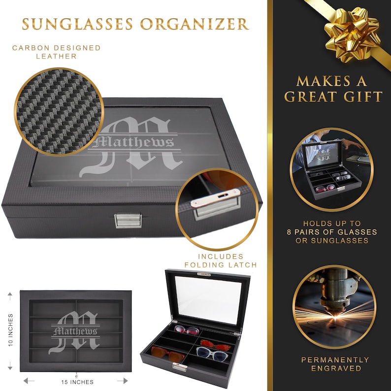 May include: A black carbon-fiber textured leather sunglasses organizer box with a glass lid featuring the engraved name Matthews and a large letter M. The rectangular case measures 15 inches by 10 inches, includes a metal folding latch, and holds 8 pairs.