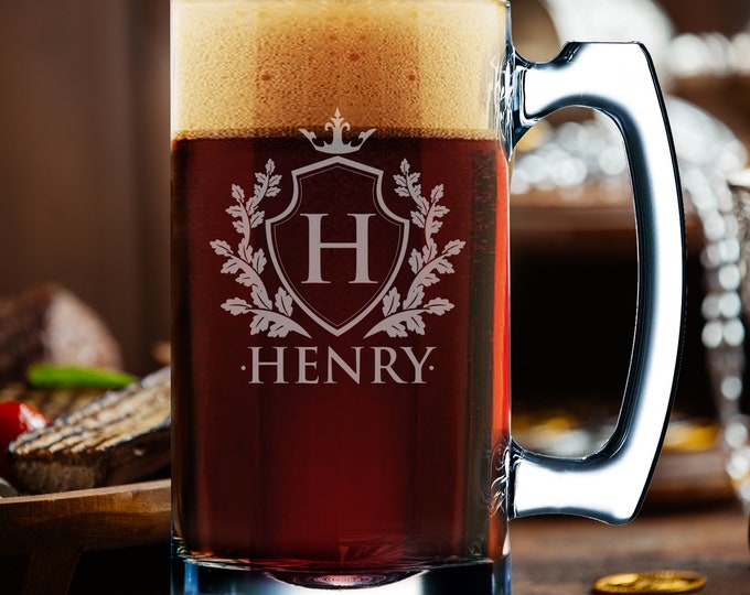 Personalized Beer Mug, Custom Engraved Glass Beer Mug, 12 oz or 16 oz, Free Engraving