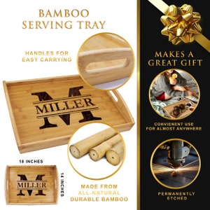 Puede incluir: Una bandeja de servicio rectangular de bamb&uacute; que mide 46 cm por 36 cm. La bandeja presenta una letra M grabada con l&aacute;ser y el nombre MILLER en el centro. Incluye asas laterales, un acabado de grano de madera natural y est&aacute; hecha de bamb&uacute;.