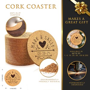 May include: Set of personalized cork coasters with a heart and arrow design. The coasters are engraved with the names "Mark & Sally" and the date "08-28-24". The coasters are 4 inches in diameter and are made from environmentally friendly cork.