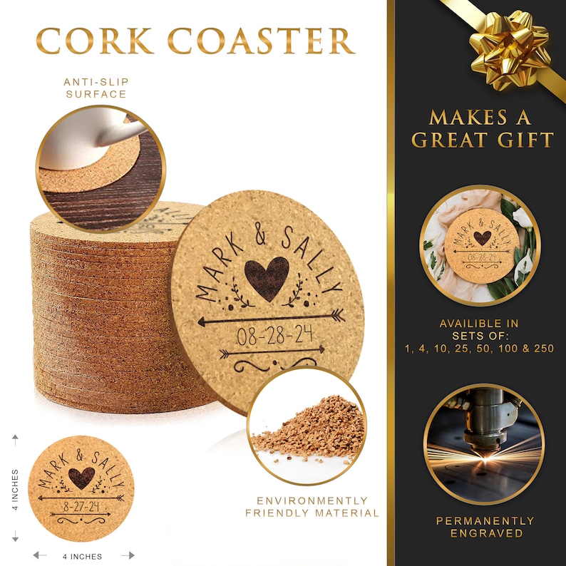May include: Set of personalized cork coasters with a heart and arrow design. The coasters are engraved with the names "Mark & Sally" and the date "08-28-24". The coasters are 4 inches in diameter and are made from environmentally friendly cork.