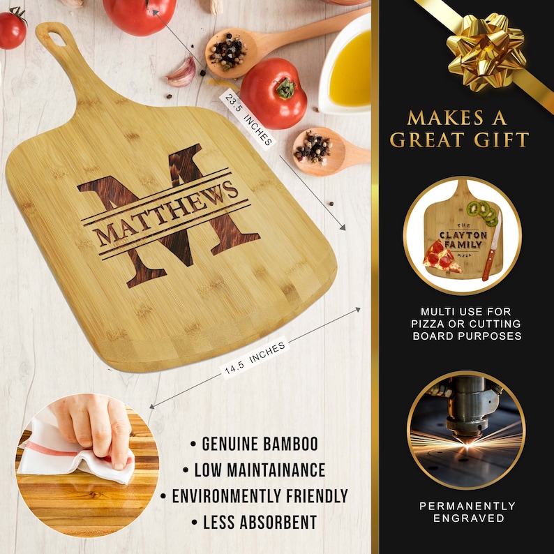 May include: A bamboo pizza board, 23.5 inches long and 14.5 inches wide, with a handle. It features the name "MATTHEWS" and a large letter "M" engraved. The board is advertised as genuine bamboo, low maintenance, and environmentally friendly.