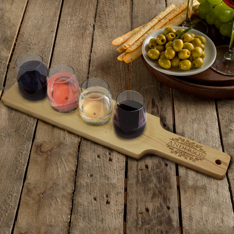 Custom Wine Tasting Set, Engraved Wine Flight, Monogrammed Wine Sampler Set Personalized Wine Flight Board Wine Flight Paddle with 4 Glasses image 4