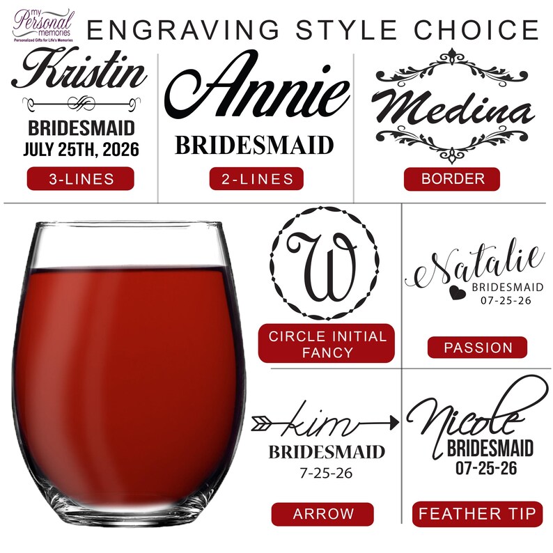May include: A clear stemless wine glass filled with dark red liquid. The image displays an engraving style choice chart with text options including Kristin, Annie, Medina, W, Natalie, Kim, and Nicole, alongside labels like 3-Lines, 2-Lines, Border, Circle Initial Fancy, Passion, Arrow, and Feather Tip.