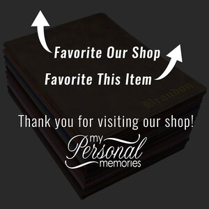 May include: A stack of rectangular dark-colored leather-like journals with the name Brandon embossed on the cover. Text overlays include Favorite Our Shop, Favorite This Item, Thank you for visiting our shop!, and the logo my Personal memories.
