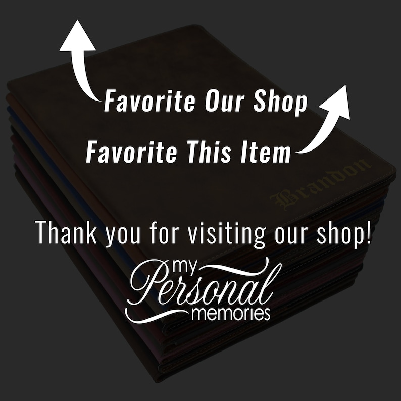 May include: A stack of rectangular dark-colored leather-like journals with the name Brandon embossed on the cover. Text overlays include Favorite Our Shop, Favorite This Item, Thank you for visiting our shop!, and the logo my Personal memories.