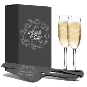 Personalized Wedding Flute and Cake Serving Set, Custom Engraved Flute and Cake Cutting Set, Toasting Flutes and Cake Server Sets image 4
