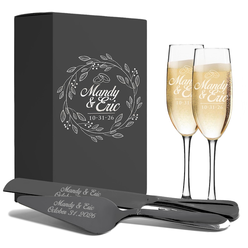 Personalized Wedding Flute and Cake Serving Set, Custom Engraved Flute and Cake Cutting Set, Toasting Flutes and Cake Server Sets image 4